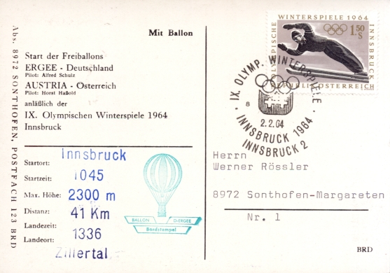 Sonderballonpost anlässlich der Olympischen Winterspiele 1964 in Innsbruck